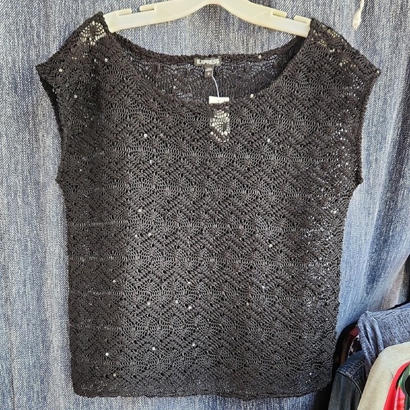 NWT Express‎ Black Crochet Knit Sleeveless Top, Sequin Accent, Party Size Large - Picture 7 of 13